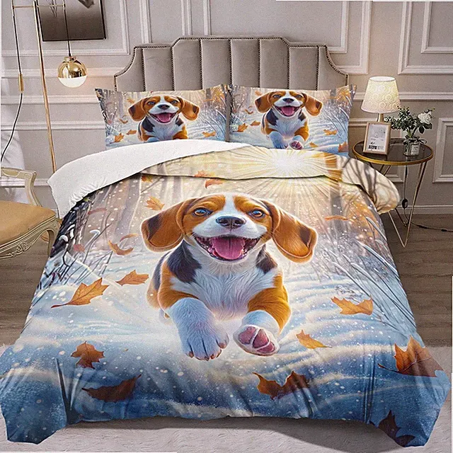 3D Dog Snow Leaves Duvet Cover Set Pillowcases Twin Full Queen King Quilt Covers