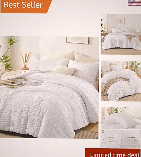 Chic Seersucker King Comforter Set 104x90 - Soft All-Season Bedding in White