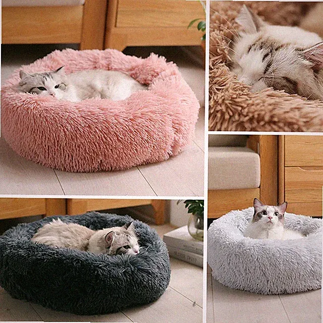 Donut Plush Pet Dog Cat Bed Fluffy Soft Warm Calming Bed Sleeping Kennel Nest