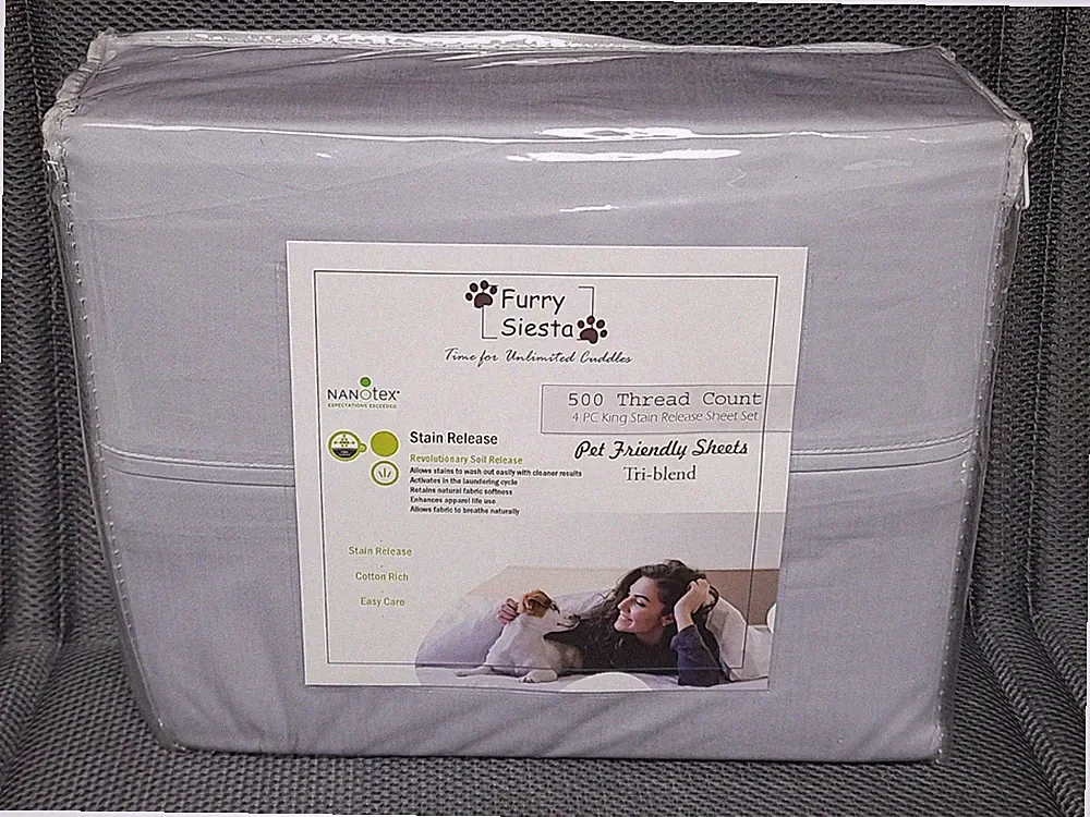 King 4 Pc Sheet FURRY SIESTA Pet Friendly 500 TC Stain Release Blend Sheets GREY
