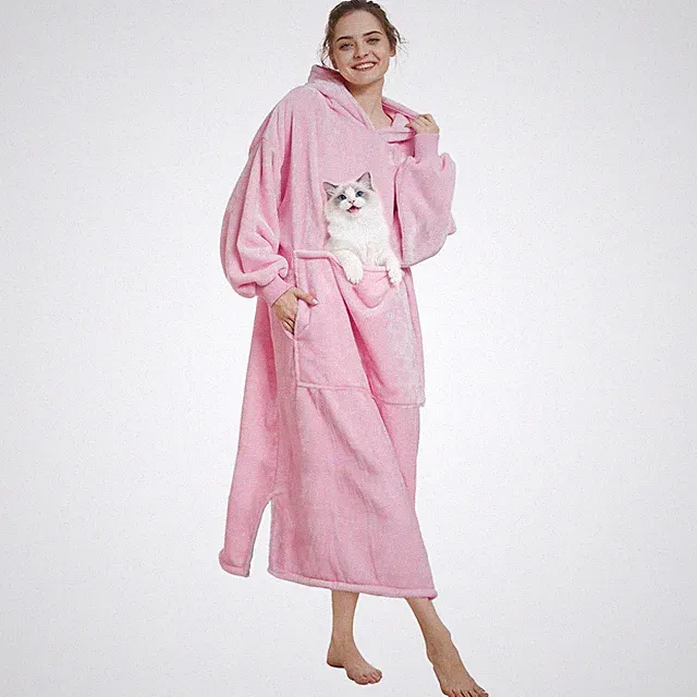 Long Wearable Blanket Hoodie - Light Pink, Pet Friendly Oversized Hooded Blan...