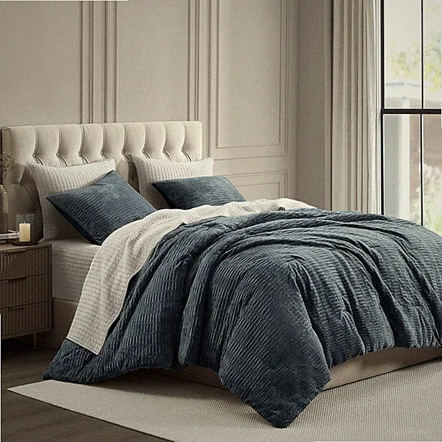 Luxurious Lake Blue Crinkle Velvet Comforter Set - Queen, 3 Piece Cozy Bedding