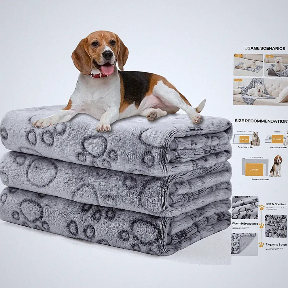Machine Washable Grey Paw Print Pet Blankets - 3 Pack, Perfect for Travel