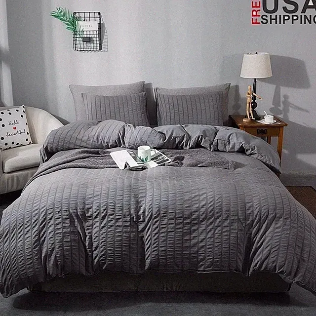 Seersucker Duvet Cover Set Microfiber Thick Zipper Corner Ties Pet Friendly New