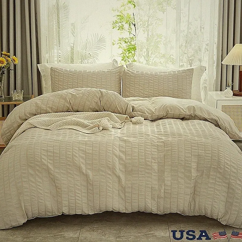 Seersucker Duvet Cover Set Microfiber Zippered Pet Friendly Machine Washable New