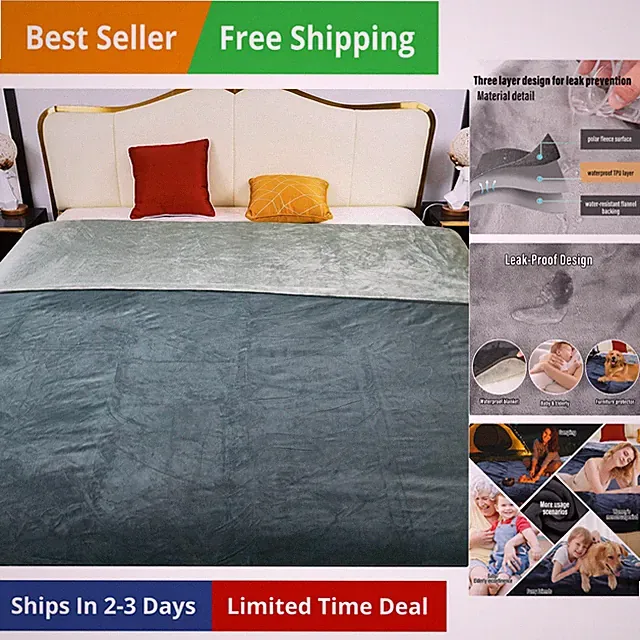 Waterproof Blanket for Bed, 80"x90" Leak-Proof Design, Reversible & Washable...