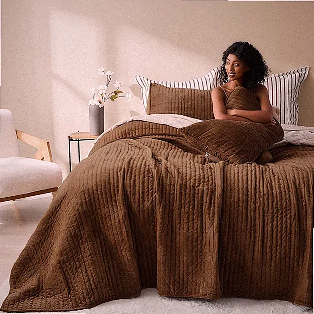 Wonderful Luxury Velvet Quilt - Striped Channel Stitch Brown Quilt King Soft...